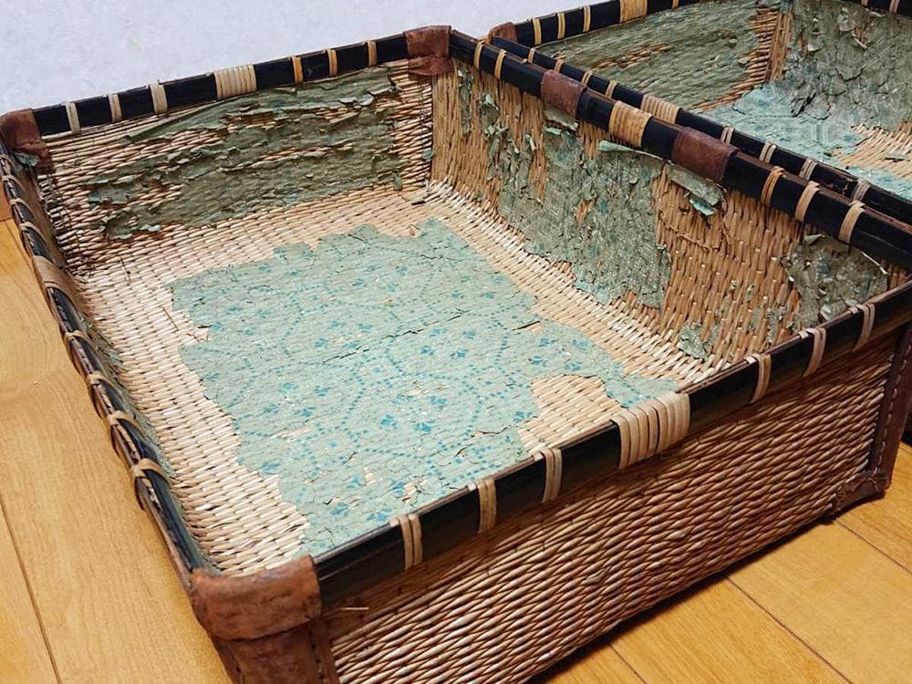 【木】　★ 竹木 柳編み収納鞄 ★　時代物　柳枝 本革 店舗什器　民俗雑項