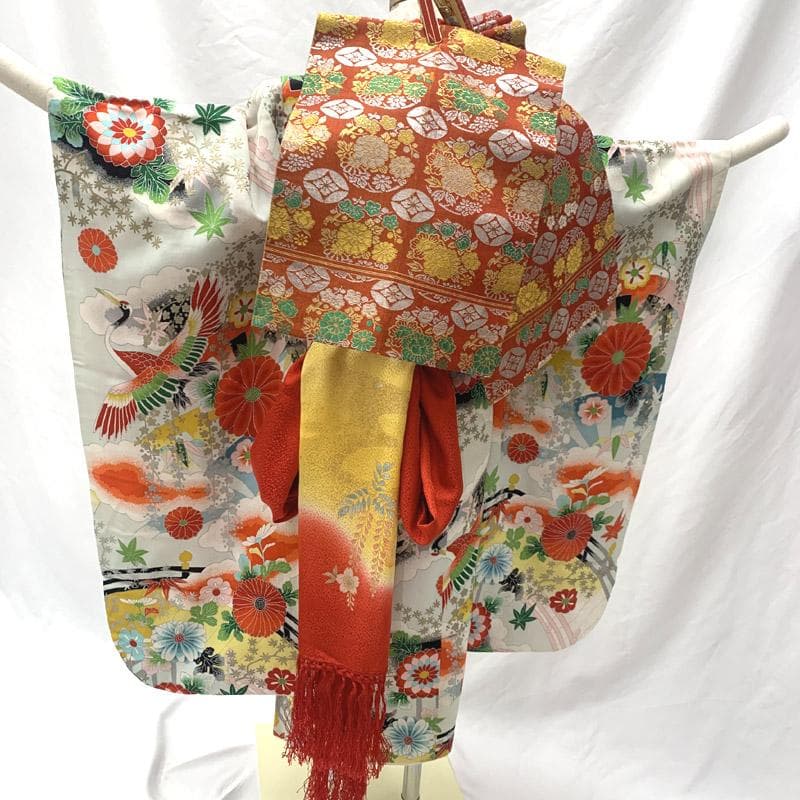 602ag5■七五三 七歳 女児 セミアンティーク着物&開き帯&長襦袢■良好