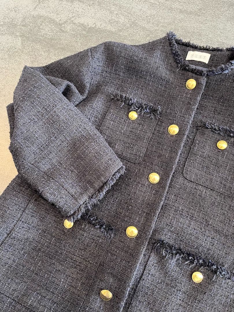 PLST プラステ　ツイードノーカラージャケット　ネイビーS