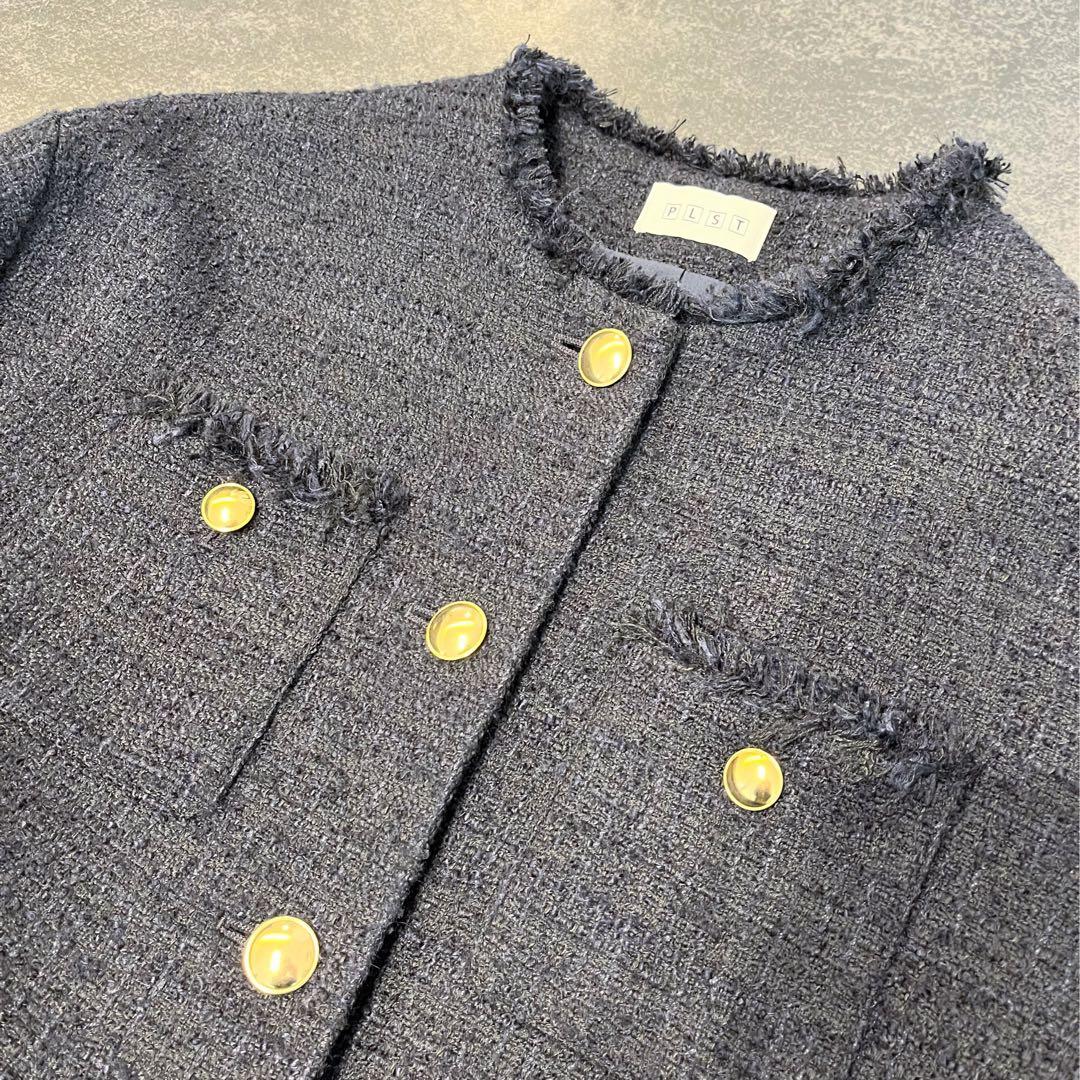 PLST プラステ　ツイードノーカラージャケット　ネイビーS