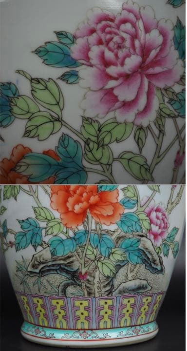 送料無料時代物『中国景徳鎮製』花鳥漢詩手書き粉彩花瓶高さ46.5ｃｍ中国古玩骨董