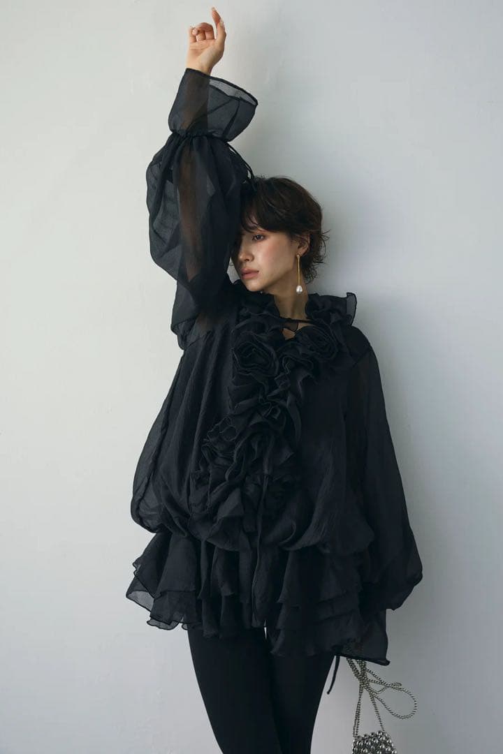 frene フレーネ　フリル付き黒シースルーブラウス