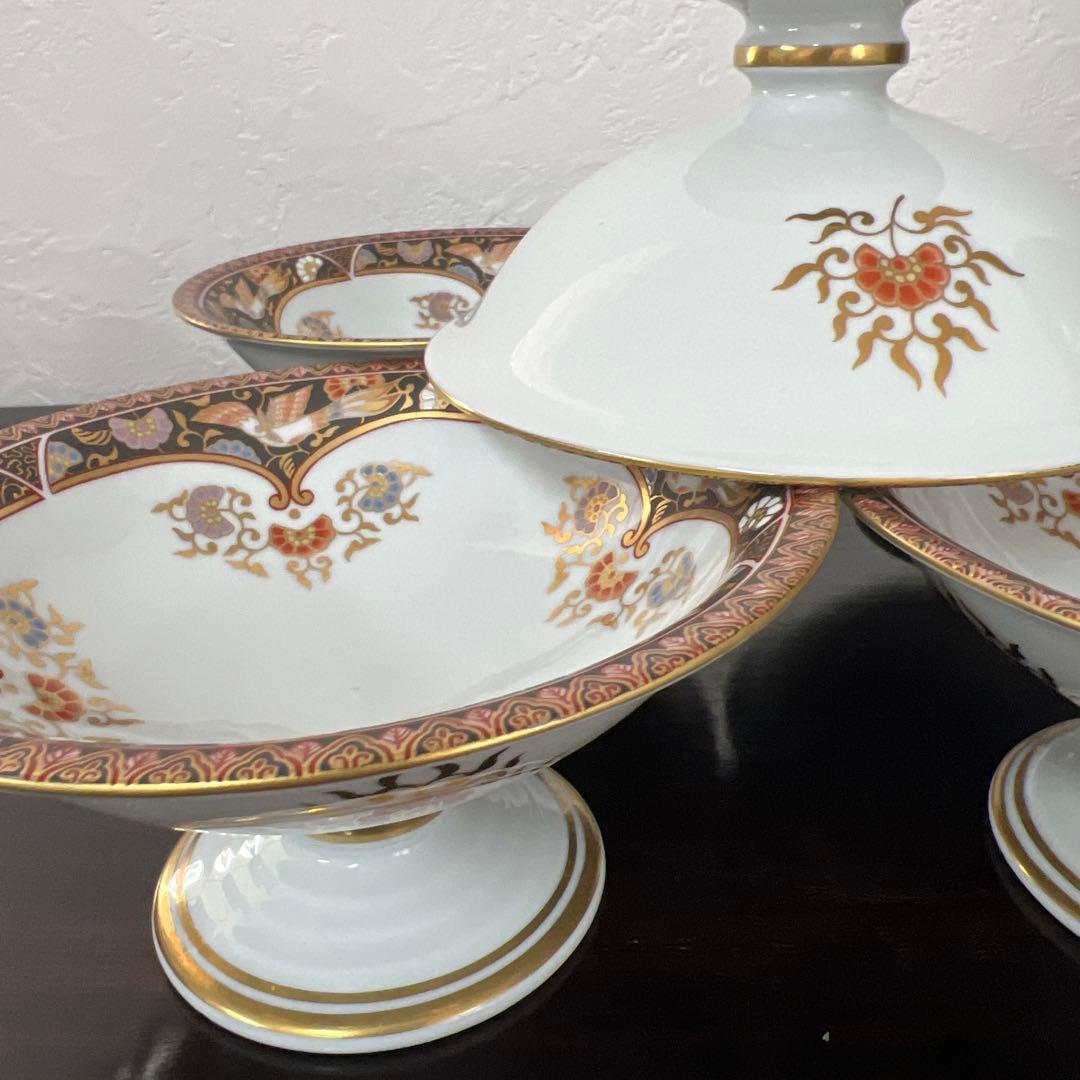 其泉窯 錦黒外濃金海松鳳凰文 明治伊万里 高台皿５枚セット