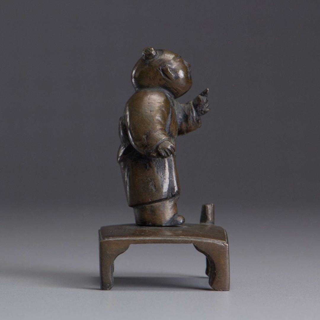 中国　古銅　唐児形　線香立　箱付き　時代物