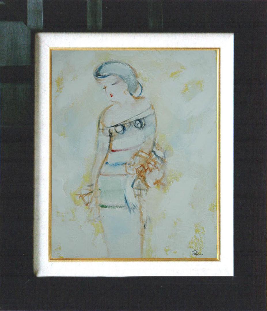 油絵 菅家令子 絵 絵画インテリア額付(青緑＋金色の枠) F3-020311女性