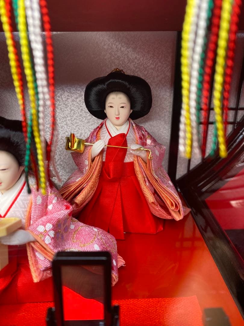 雛人形　五人飾り円型アクリルケース入・間口約４４×奥約２３×高約４５㎝