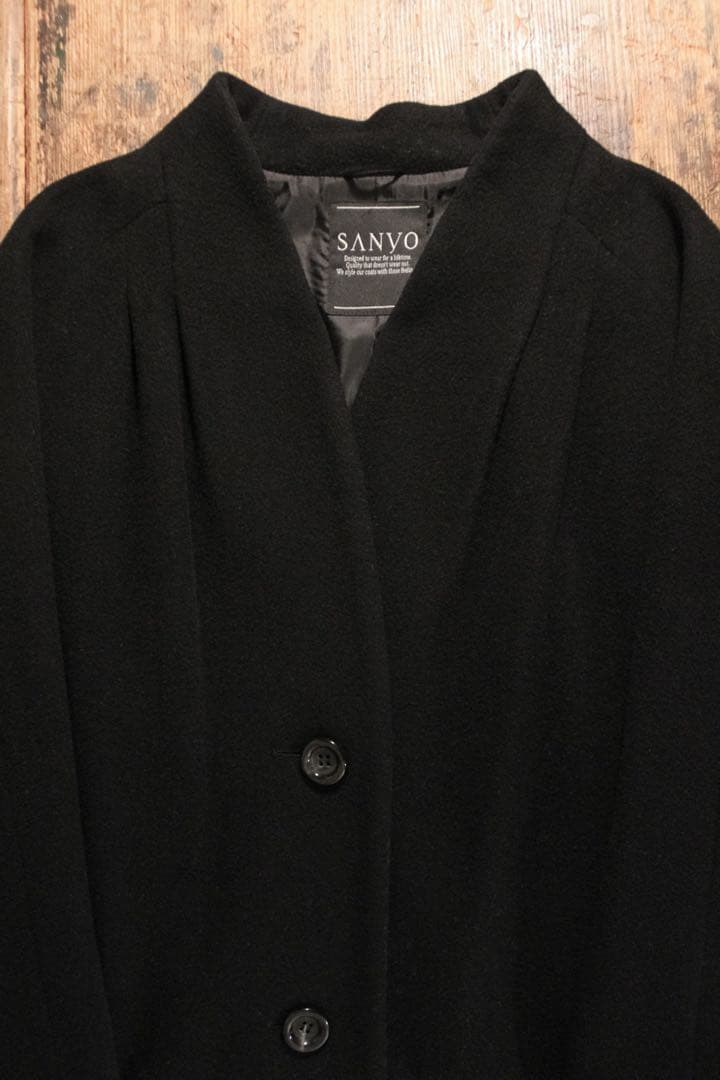 90s SANY ノーカラーコート ウール ショート タック ラグラン S-M黒