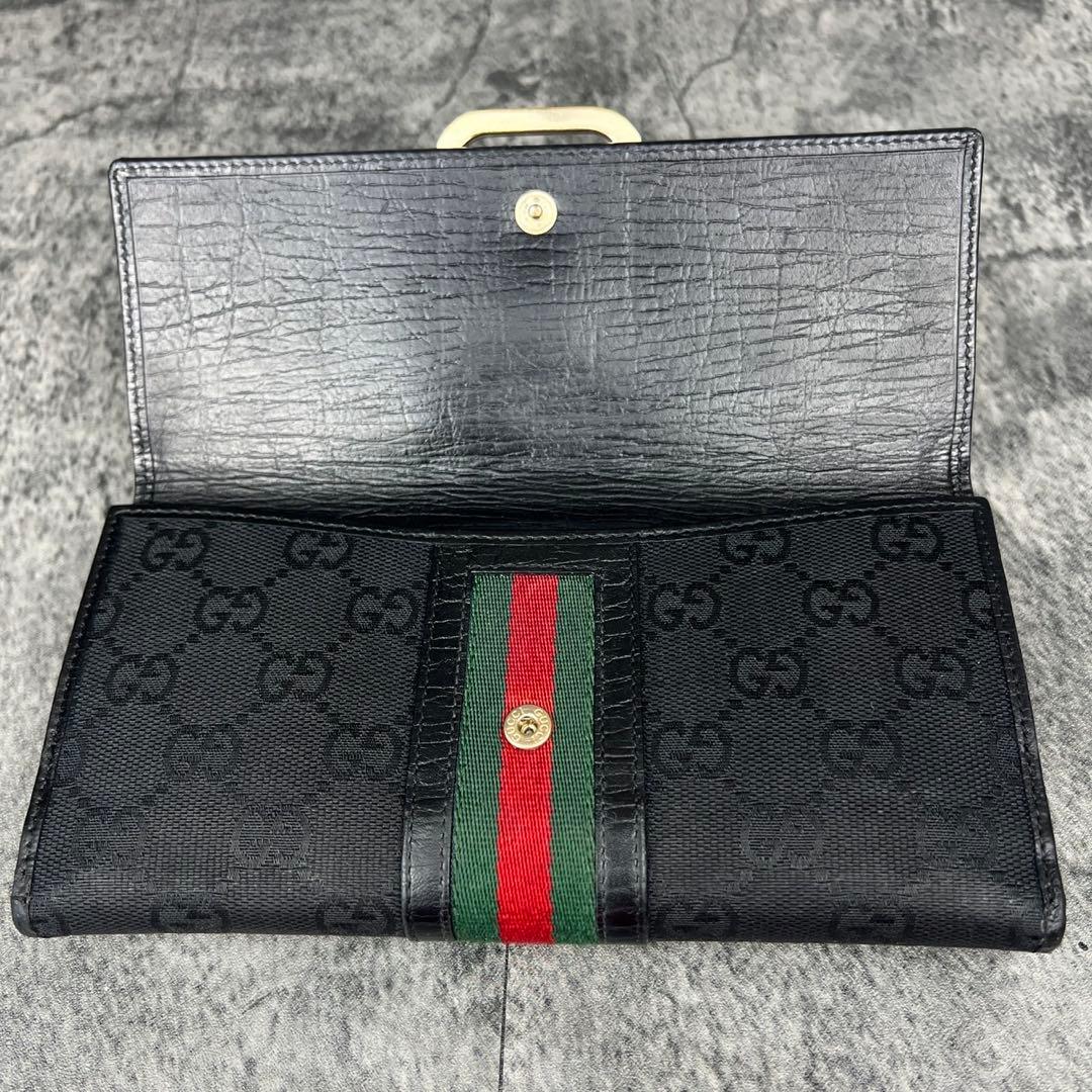 GUCCI グッチ GGキャンバス レザー シェリーライン 長財布 ブラック