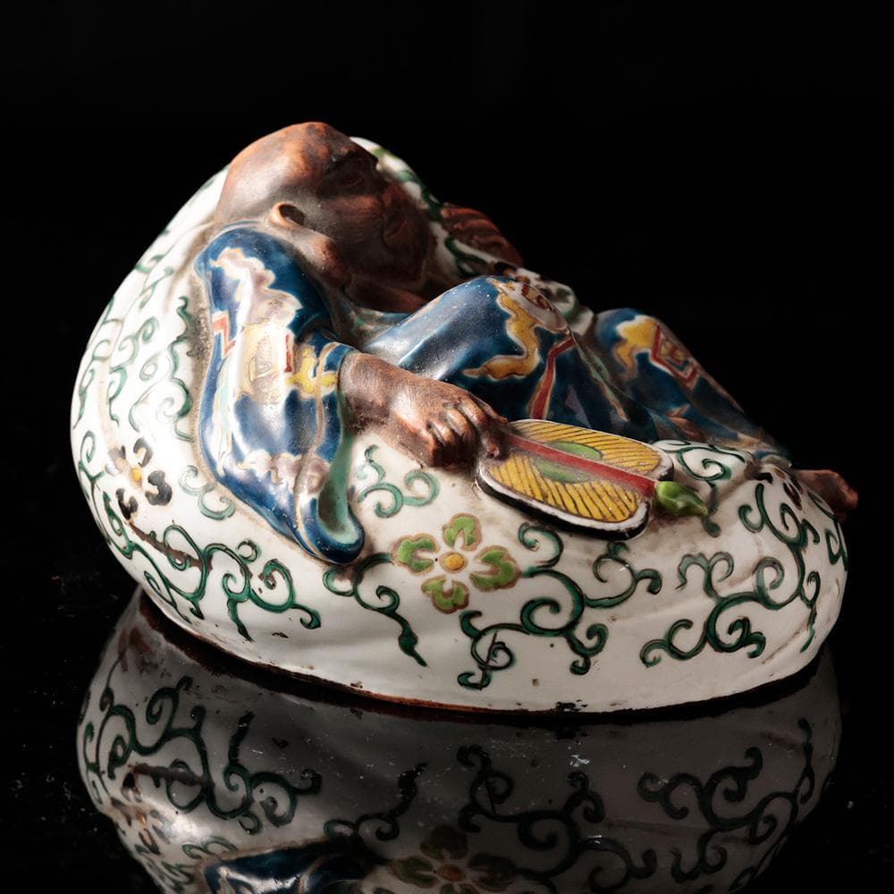 T 九谷焼き　布袋像　唐草模様　青手九谷　布袋　仏像　東洋彫刻　時代年代物