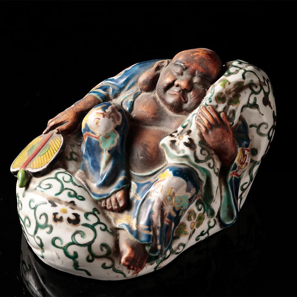 T 九谷焼き　布袋像　唐草模様　青手九谷　布袋　仏像　東洋彫刻　時代年代物