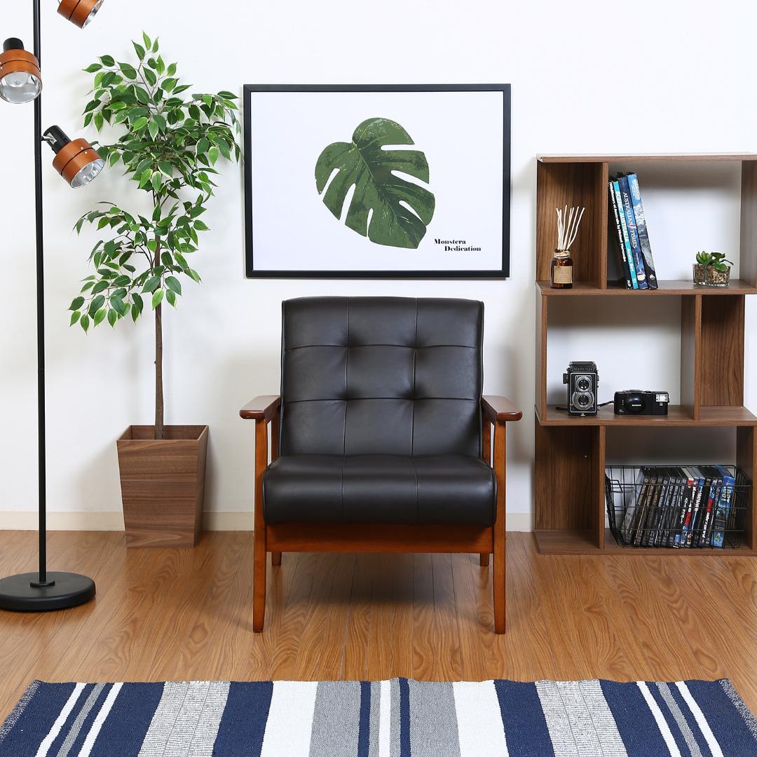 木枠レザーソファ シングルソファ ダークブラウン