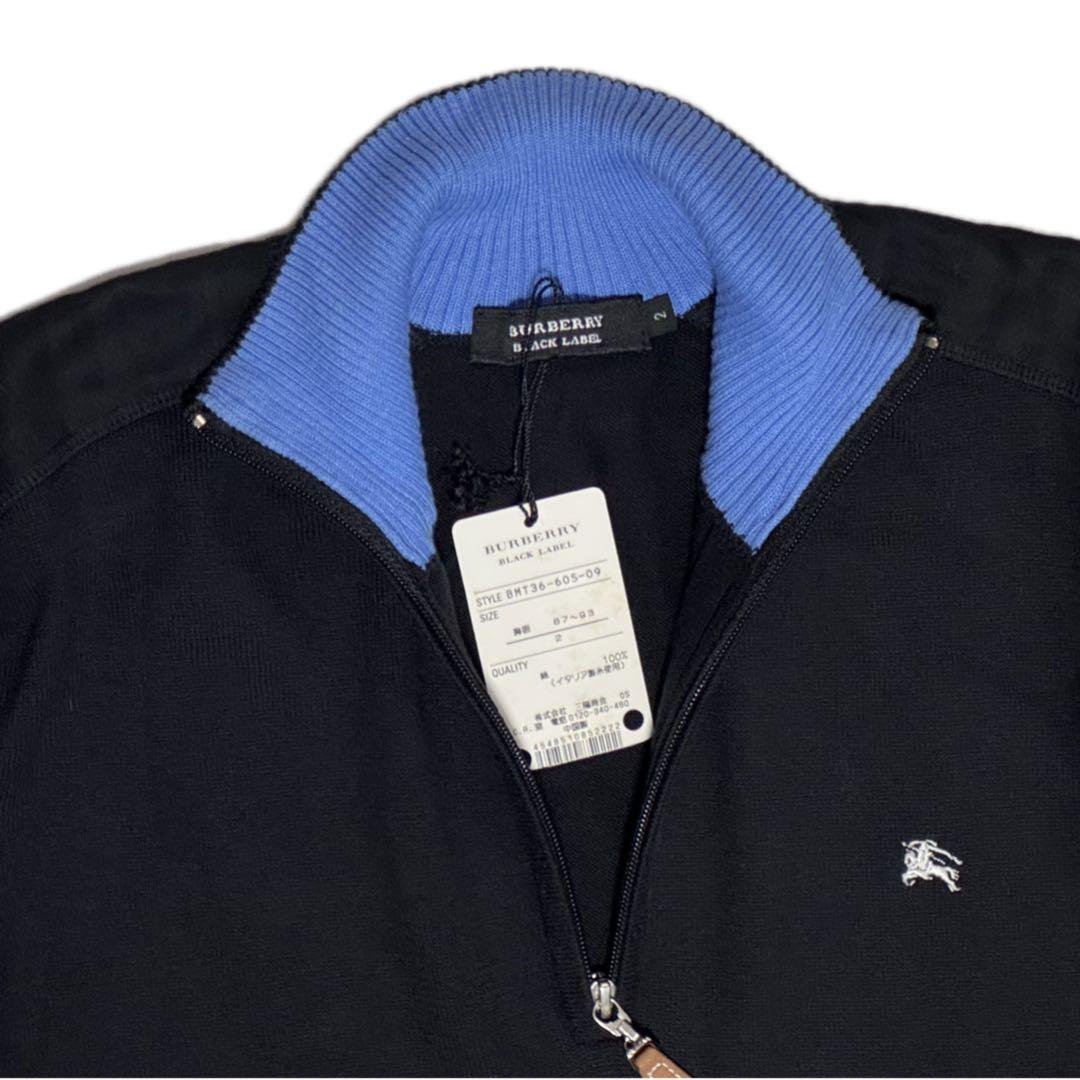 バーバリーブラックレーベル 肩チェック ハーフジップ ニットセーター 黒Mゴルフ