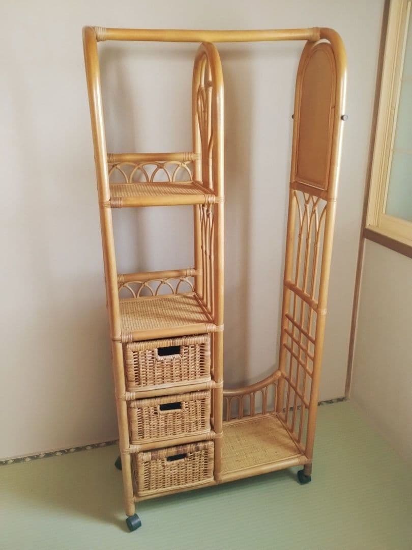 ヴィンテージ　ラタン　ハンガーラック　籐家具　昭和レトロ　棚　ラック　引き出し