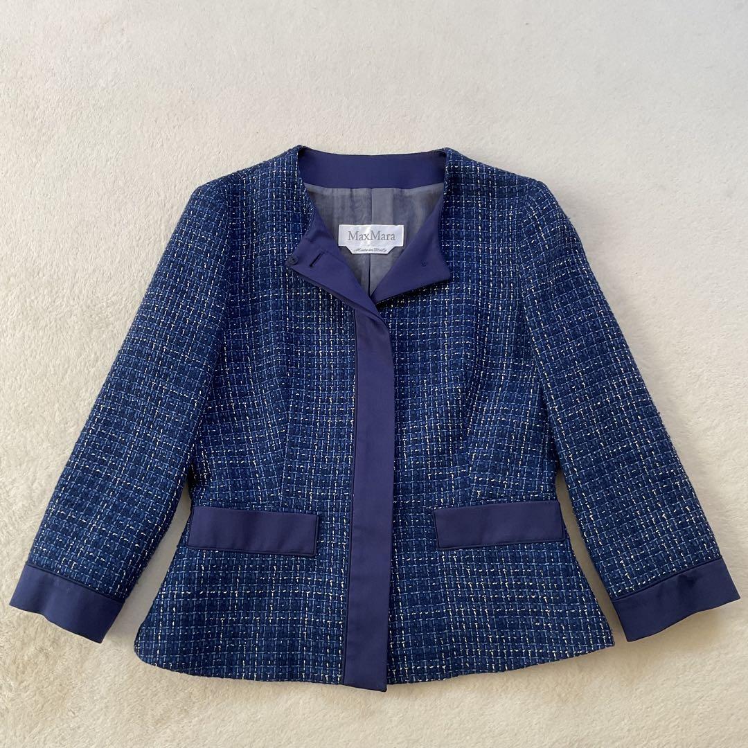 【美品】Max Mara ノーカラー ツィード ジャケット 白タグ シルク М