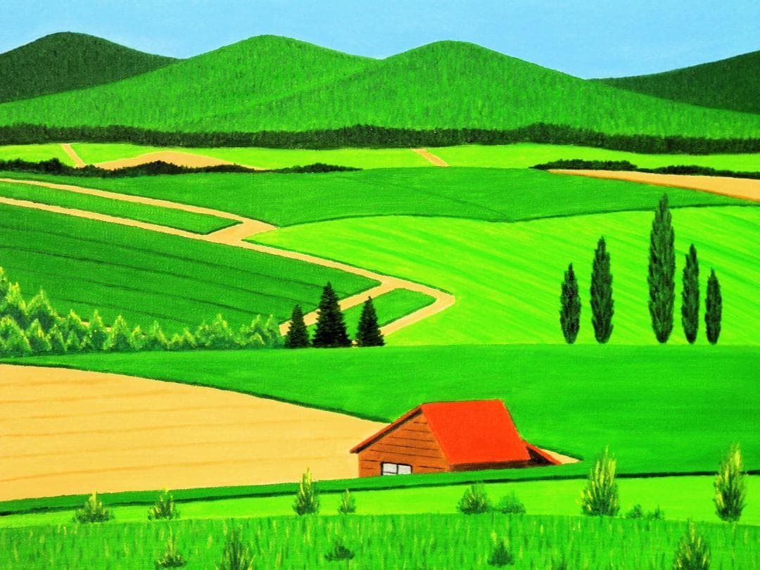 ★美瑛・新緑の丘・肉筆油彩画・F6キャンバス