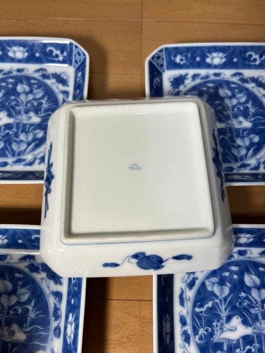 612 深川製磁　時代物　角皿セット 染付オシドリ  5客　古美術品　未使用