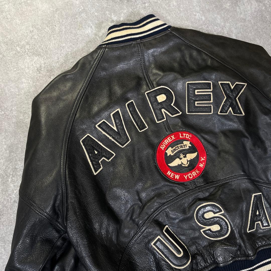 AVIREX レザースタジャン　ワッペン　ダークブラウン　S キルティング　本革