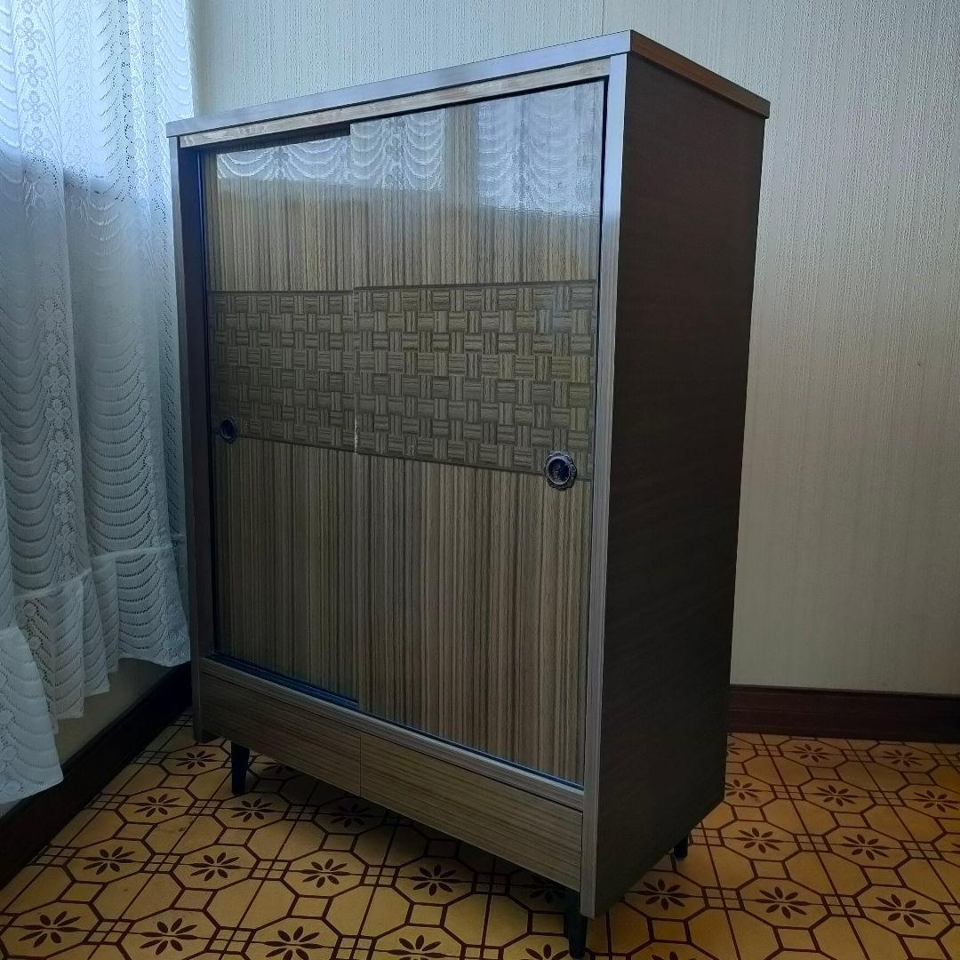 【昭和レトロ】木製 ブラウン スライド扉 下駄箱 靴箱 引き出し付き