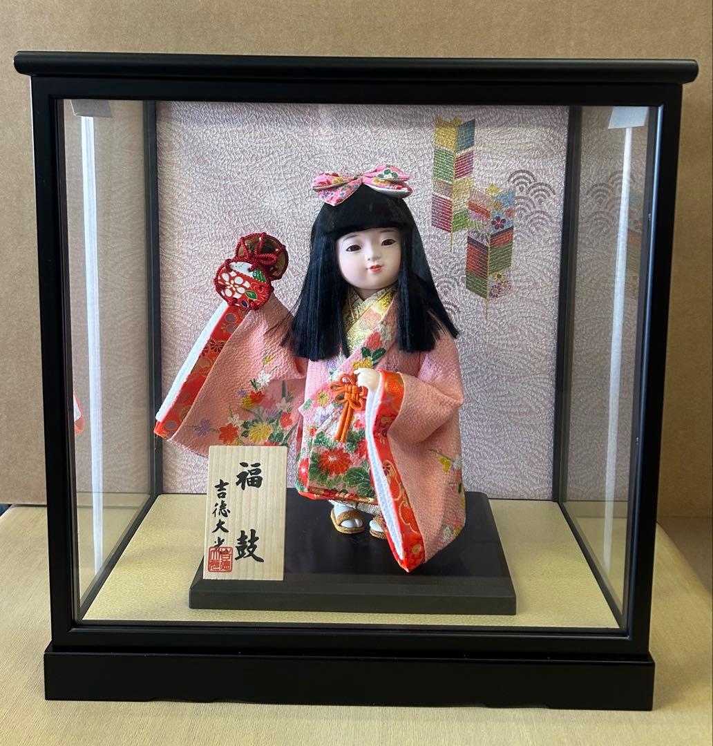 新品　吉徳大光　吉徳　福鼓　浮世人形 ピンク着物 ガラスケース付き　展示品　美品