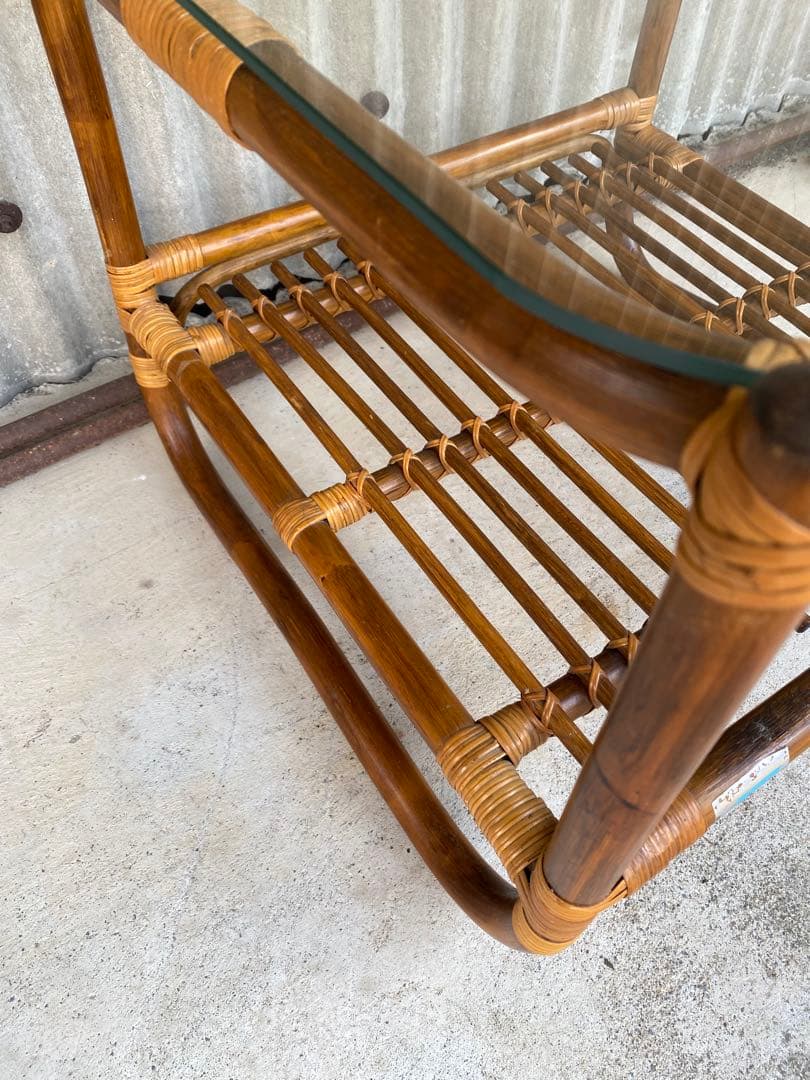 ラタン　センターテーブル　ガラステーブル　机　サイドテーブル　レトロ　藤