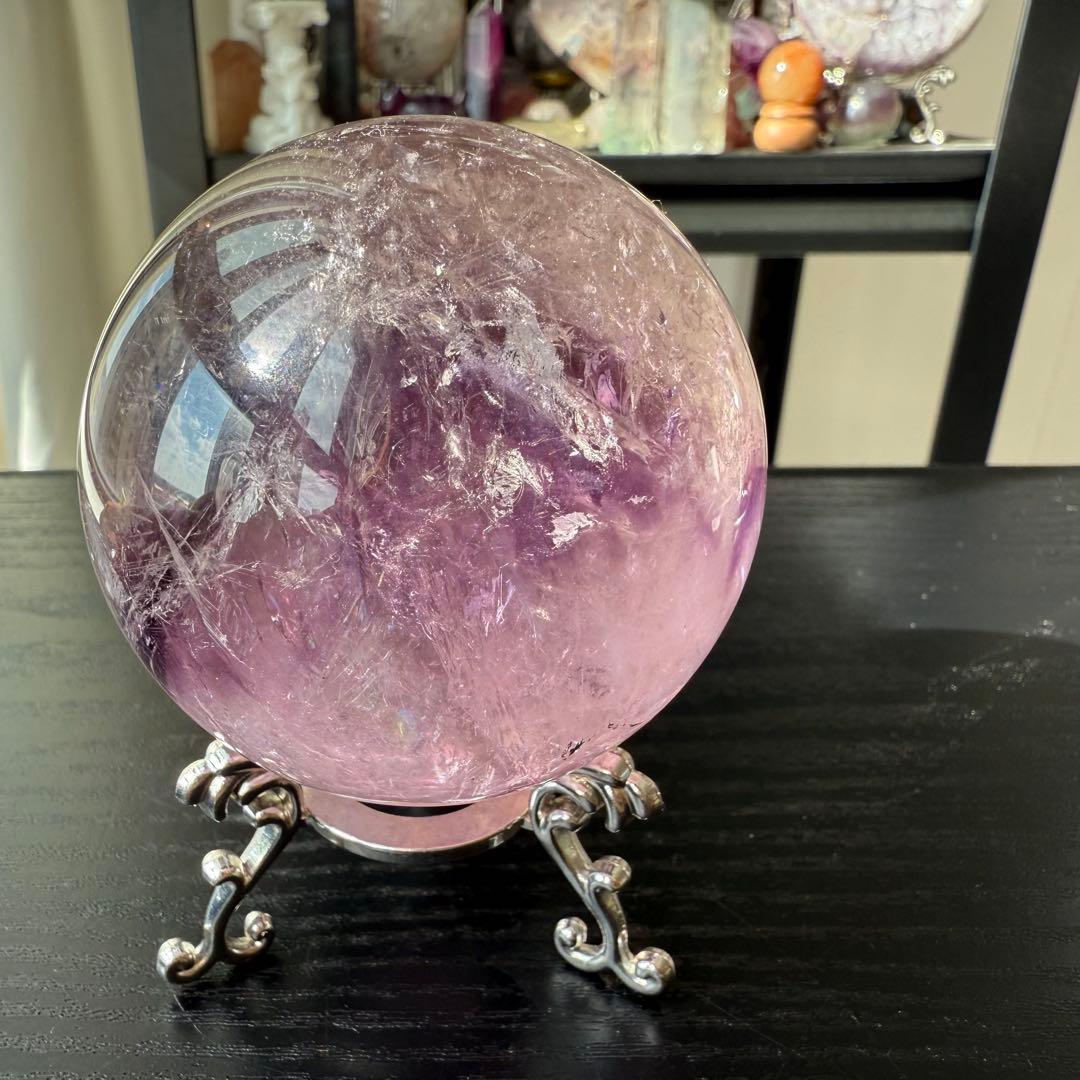 天然石アメジストのスフィア　丸玉　置物NO.110502