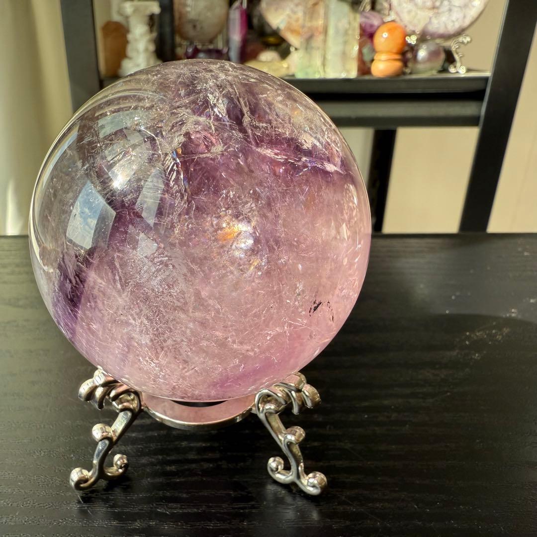 天然石アメジストのスフィア　丸玉　置物NO.110502
