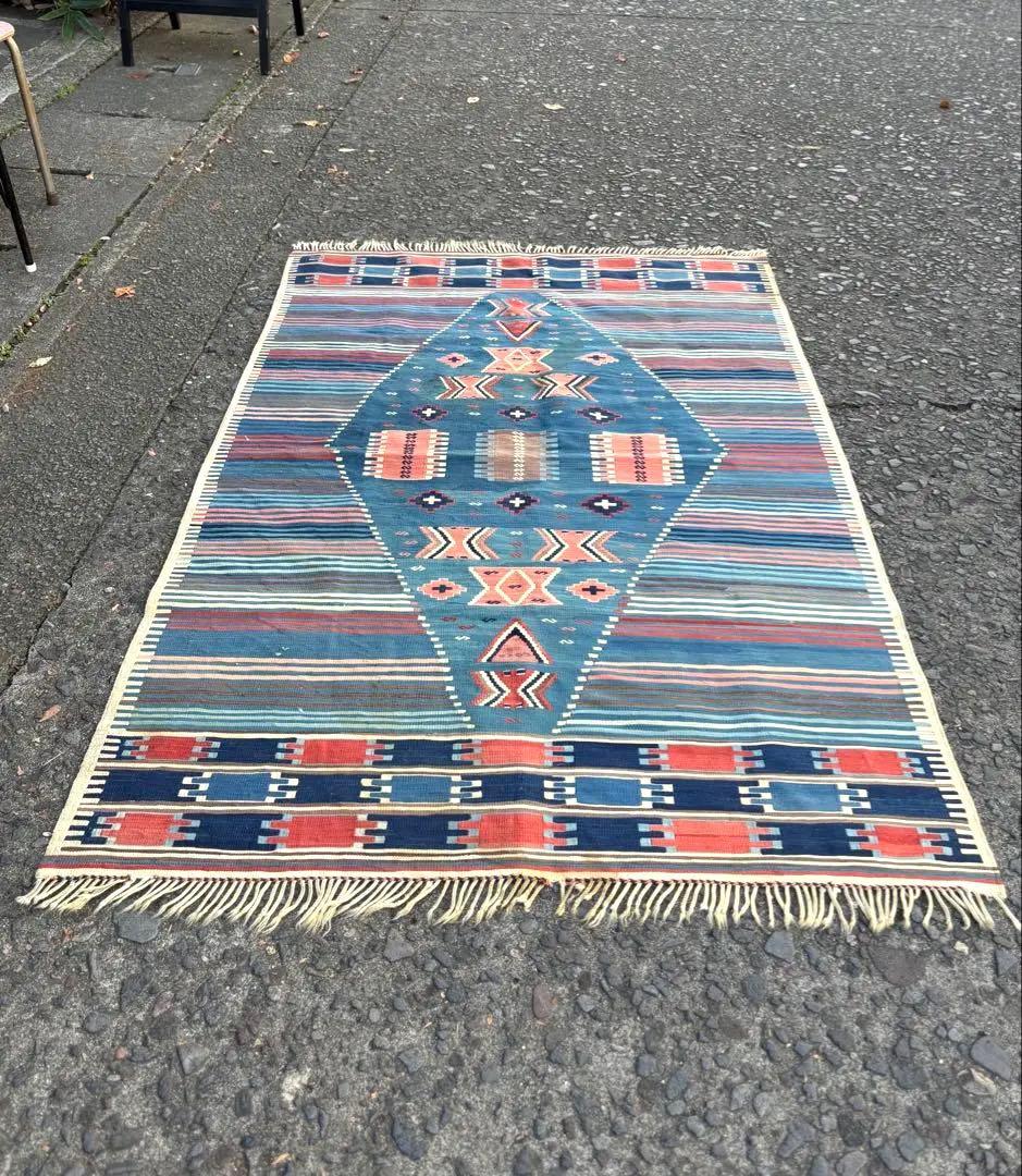 692 アンティークキリム トルコ トライバル インディゴ ラグ 百貨店購入