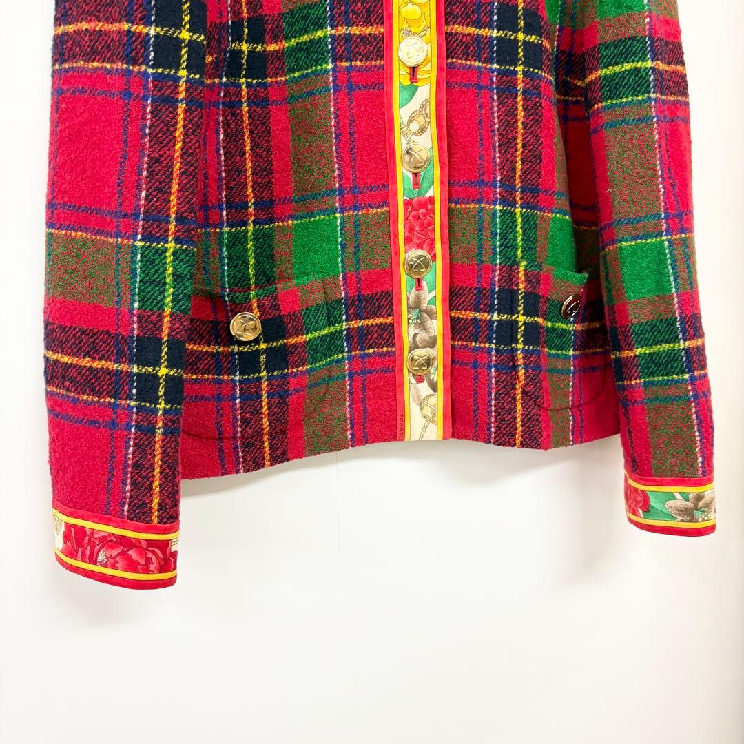 レオナール　ノーカラージャケット 赤・緑・青 チェック柄　M相当