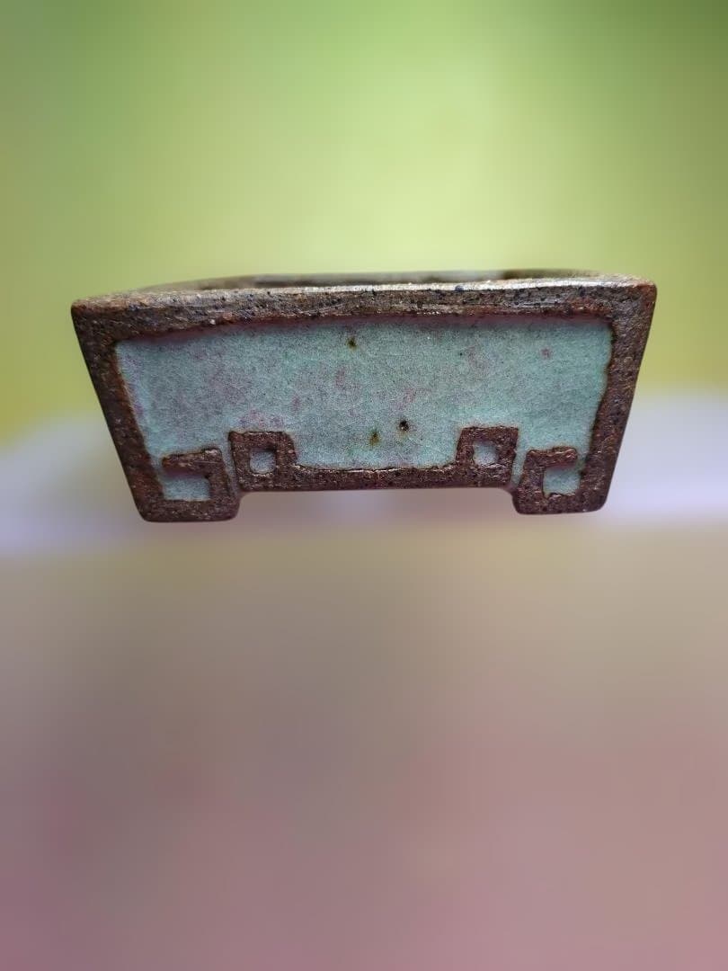 陶器製長方形プランター 青緑色と赤色の模様