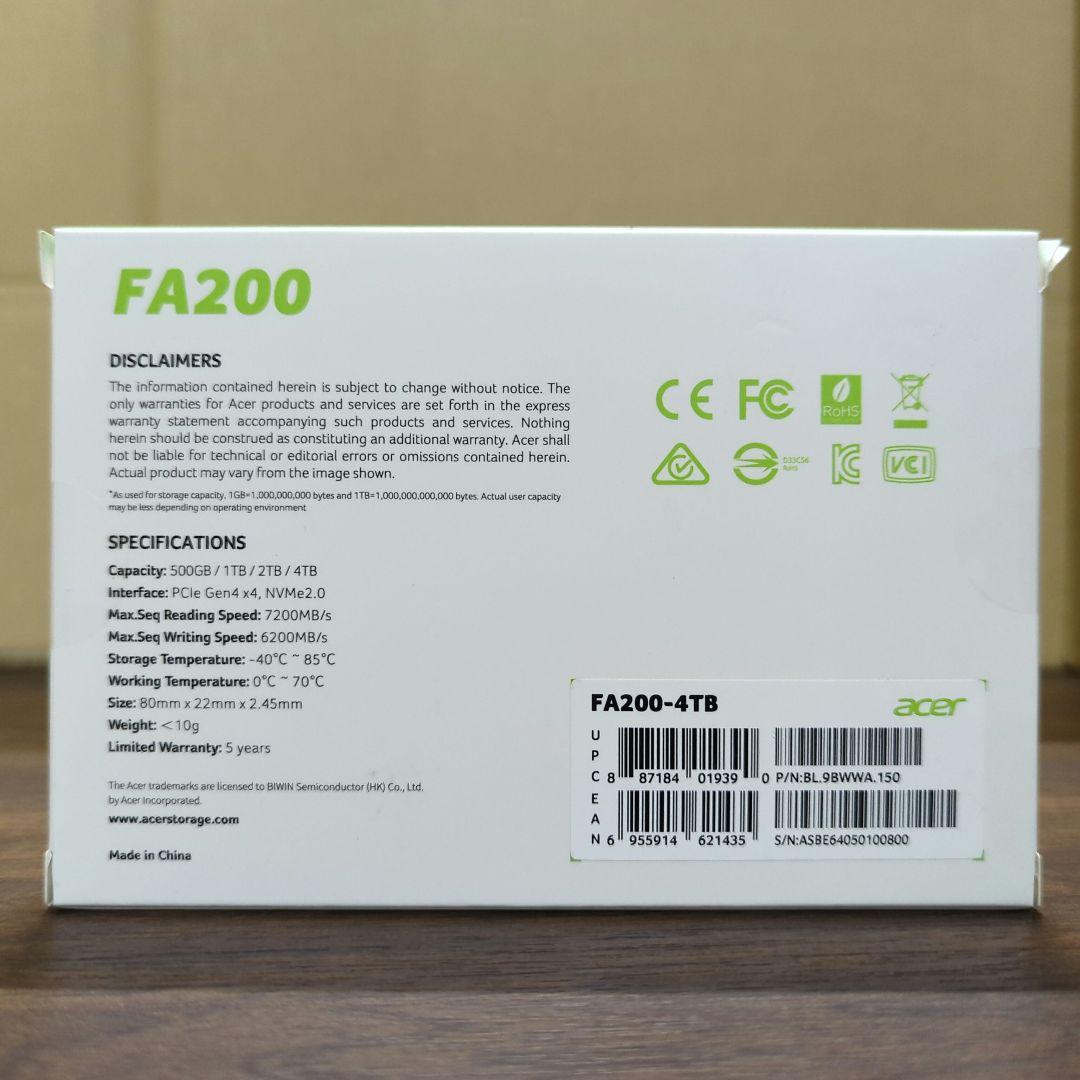 AcerM.2SSD4TBFA200 NVMe1.4 2280PCIe新品