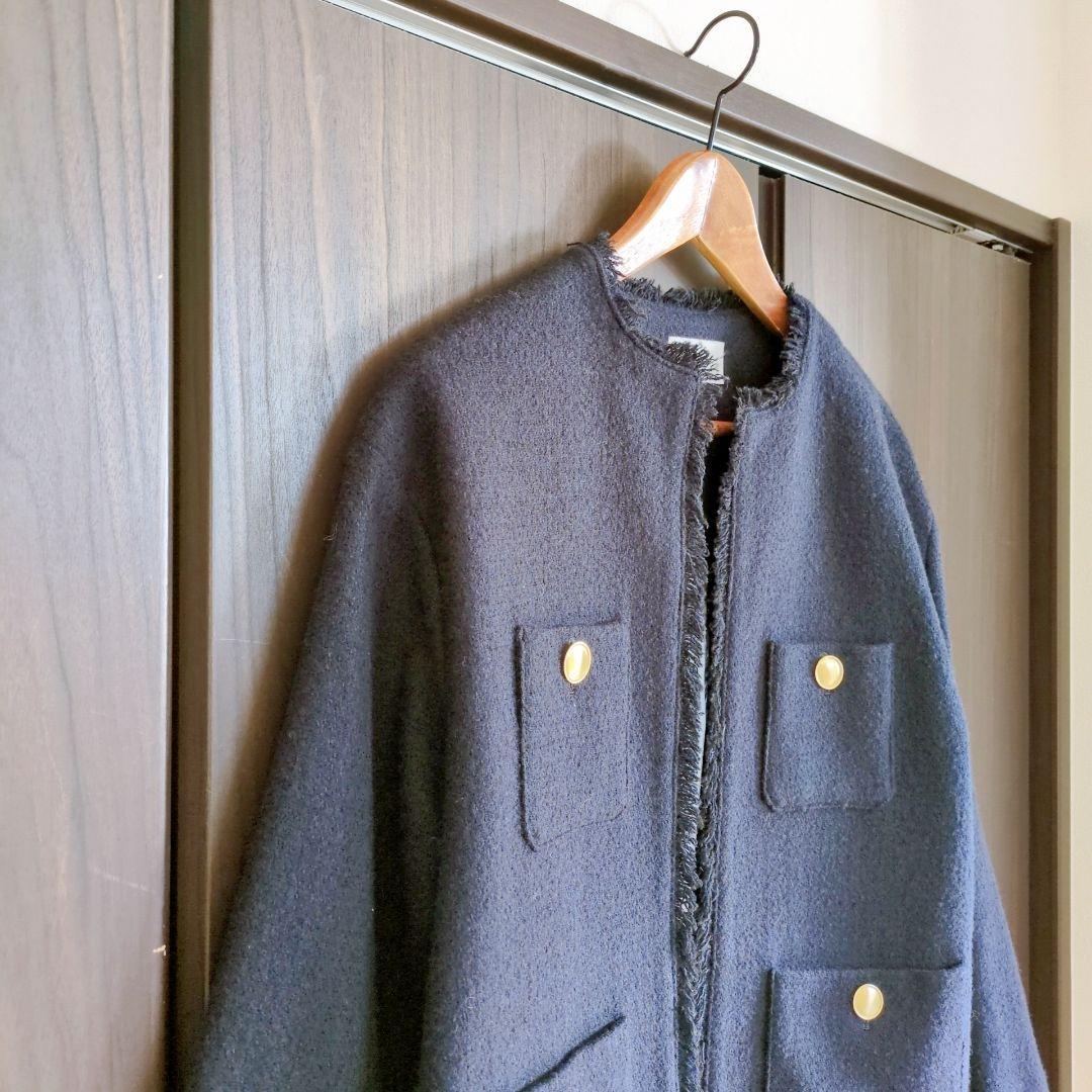 green label relaxing　金釦 ノーカラーツイードジャケット　紺