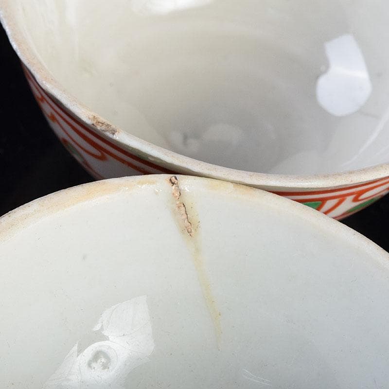 中国　古渡　赤絵呉須　花草文　煎茶碗　五客　時代箱　V　R9530