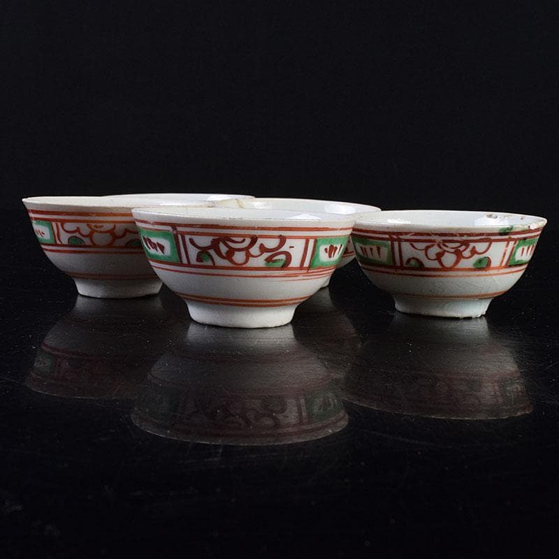 中国　古渡　赤絵呉須　花草文　煎茶碗　五客　時代箱　V　R9530