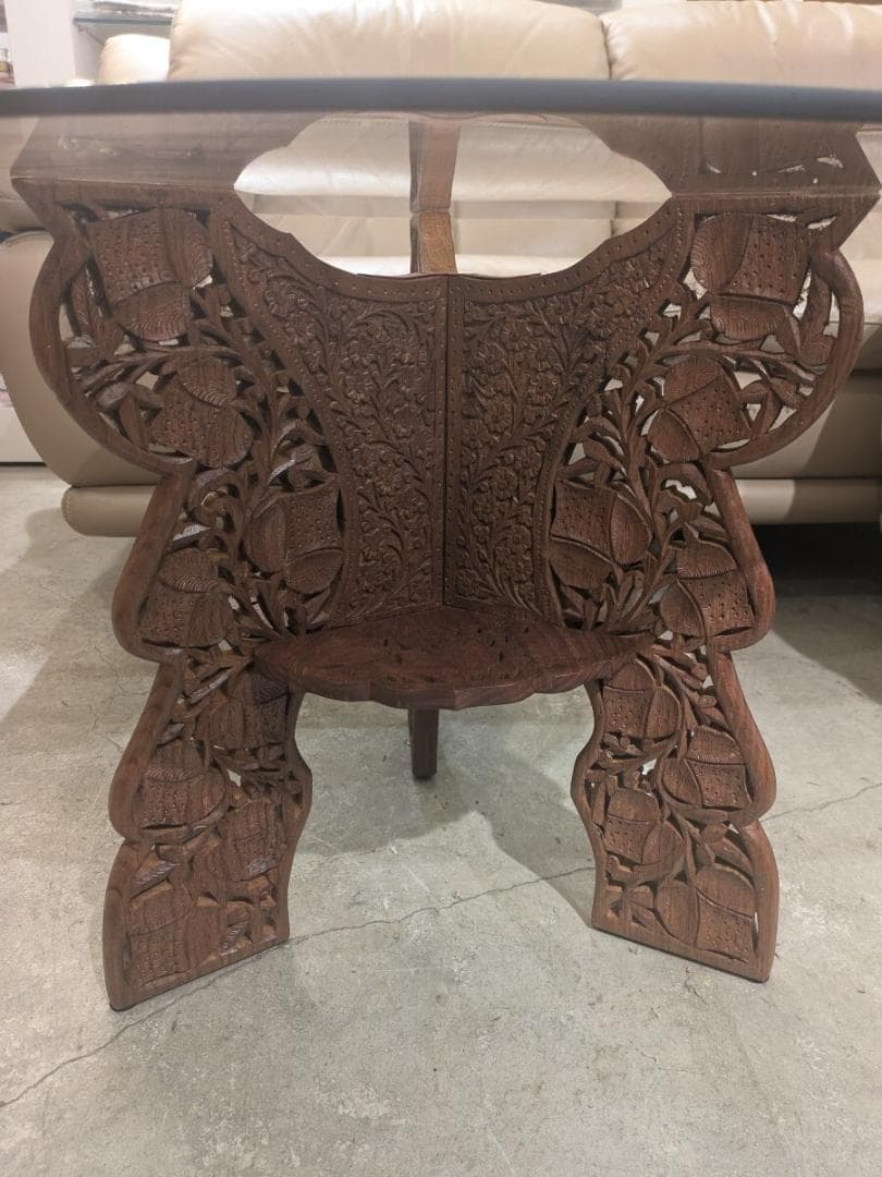 専用ページ 木彫りガラス テーブル 彫刻 天板ガラス 丸テーブル サイドテーブル