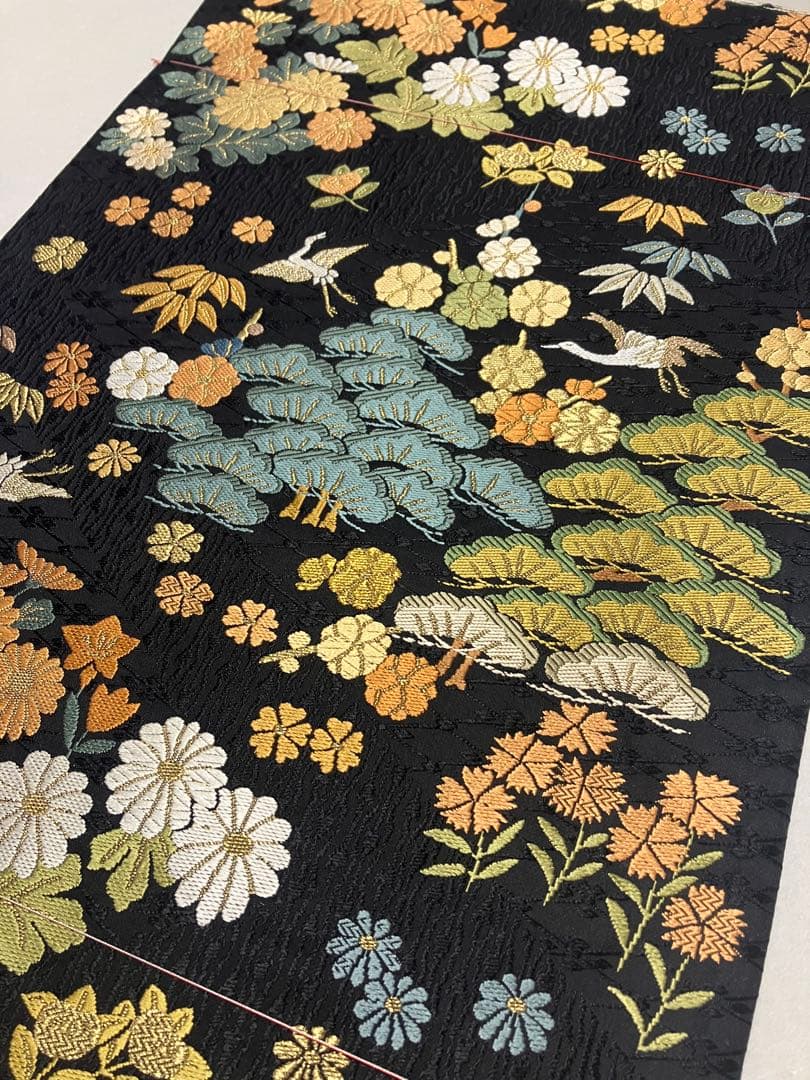 袋帯 松竹梅 鶴 吉祥文様 黒　六通柄　新品未使用品