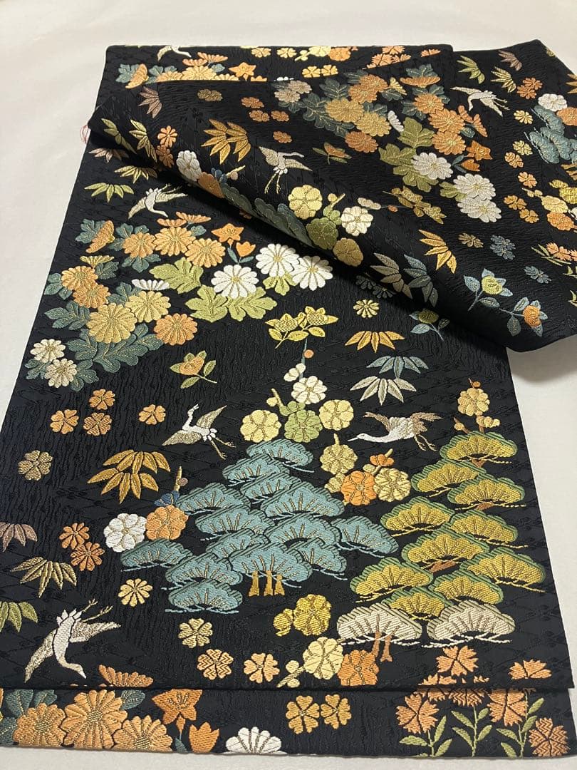 袋帯 松竹梅 鶴 吉祥文様 黒　六通柄　新品未使用品