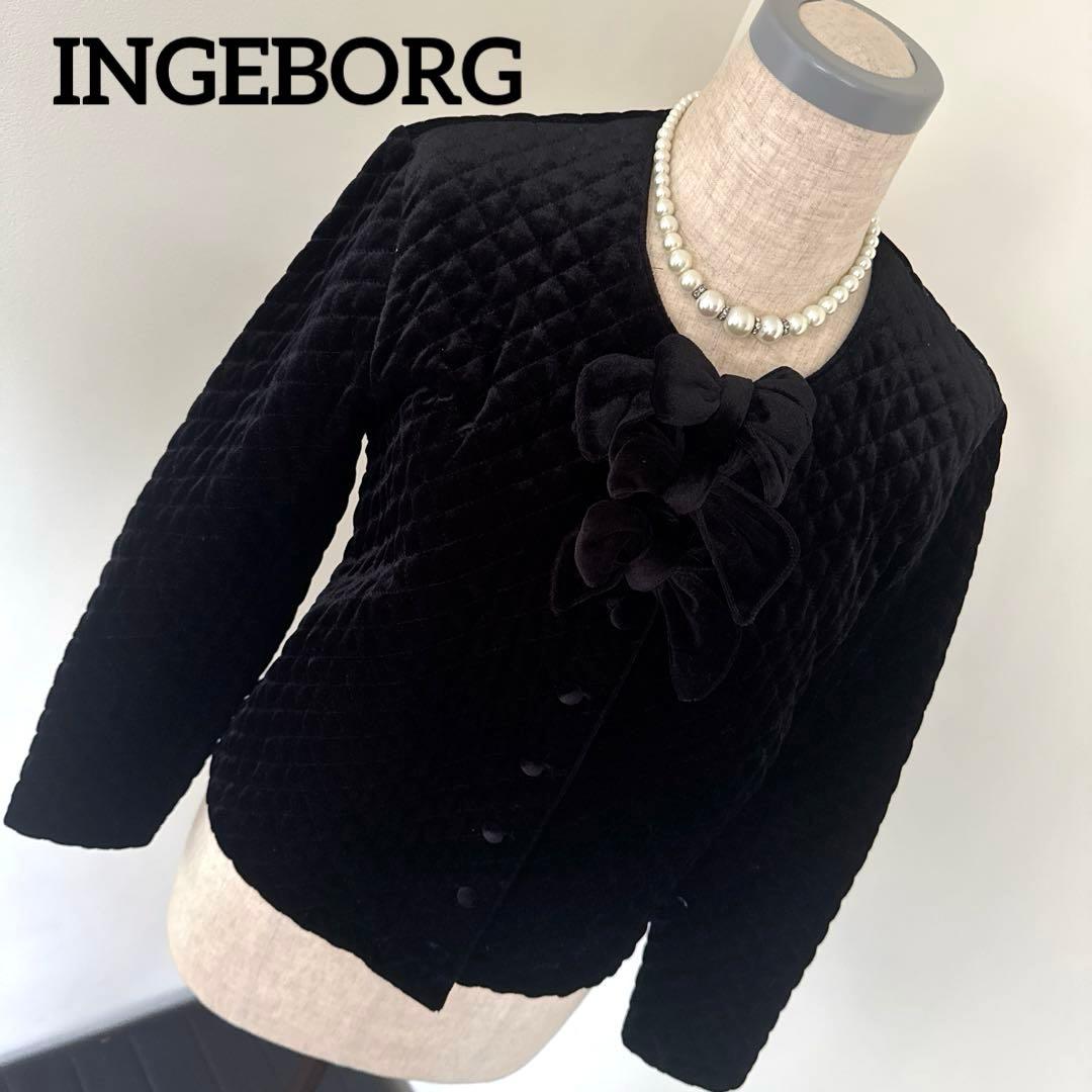 美品INGEBORGリボンモチーフ ブラックベルベットノーカラージャケット