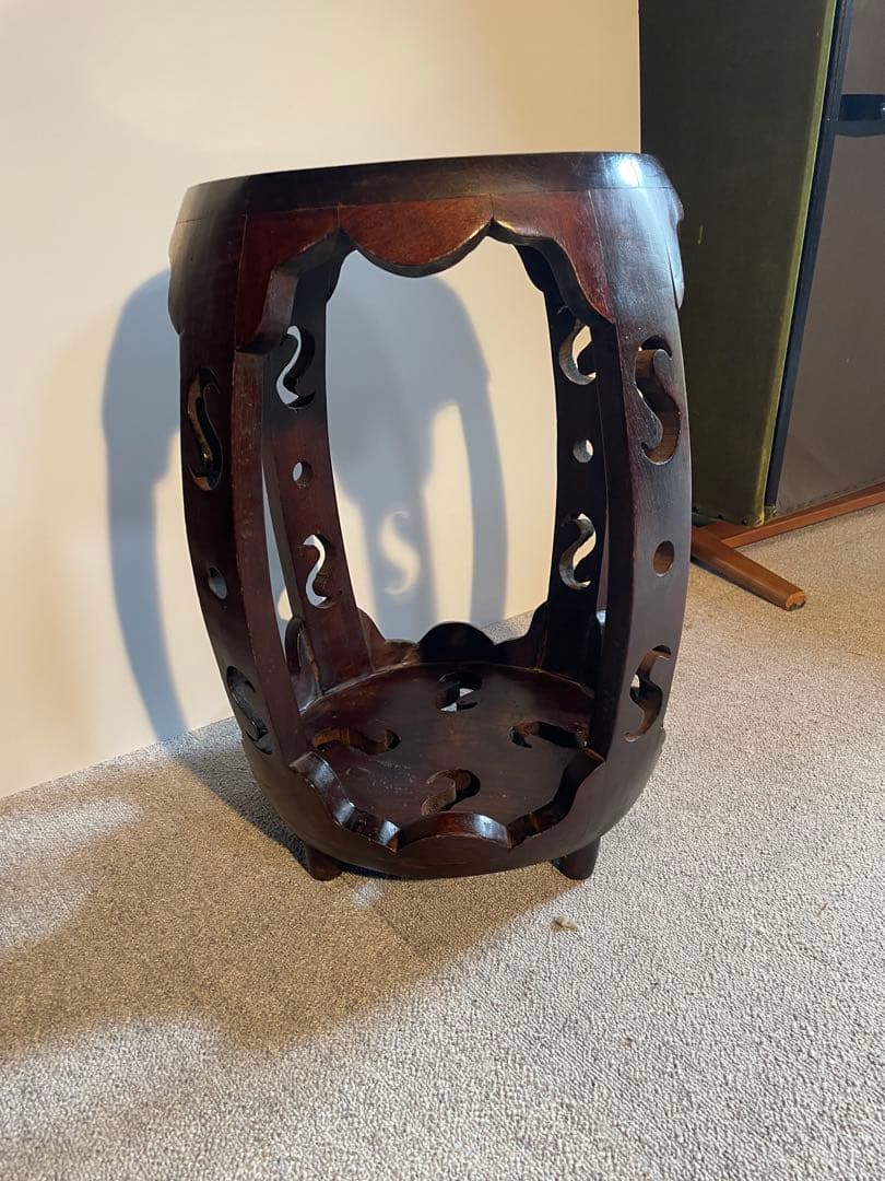 中華風 花台 飾り台 スツール 木製 透かし彫り アンティーク調