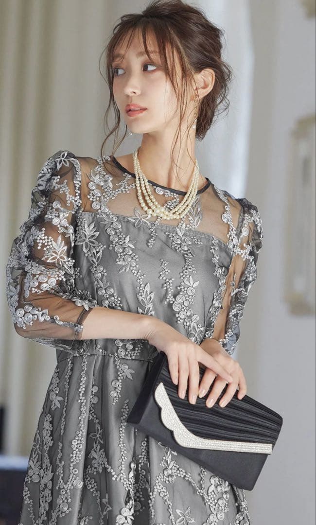 ハレモード　haremode 刺繡レース バックリボン パーティードレス