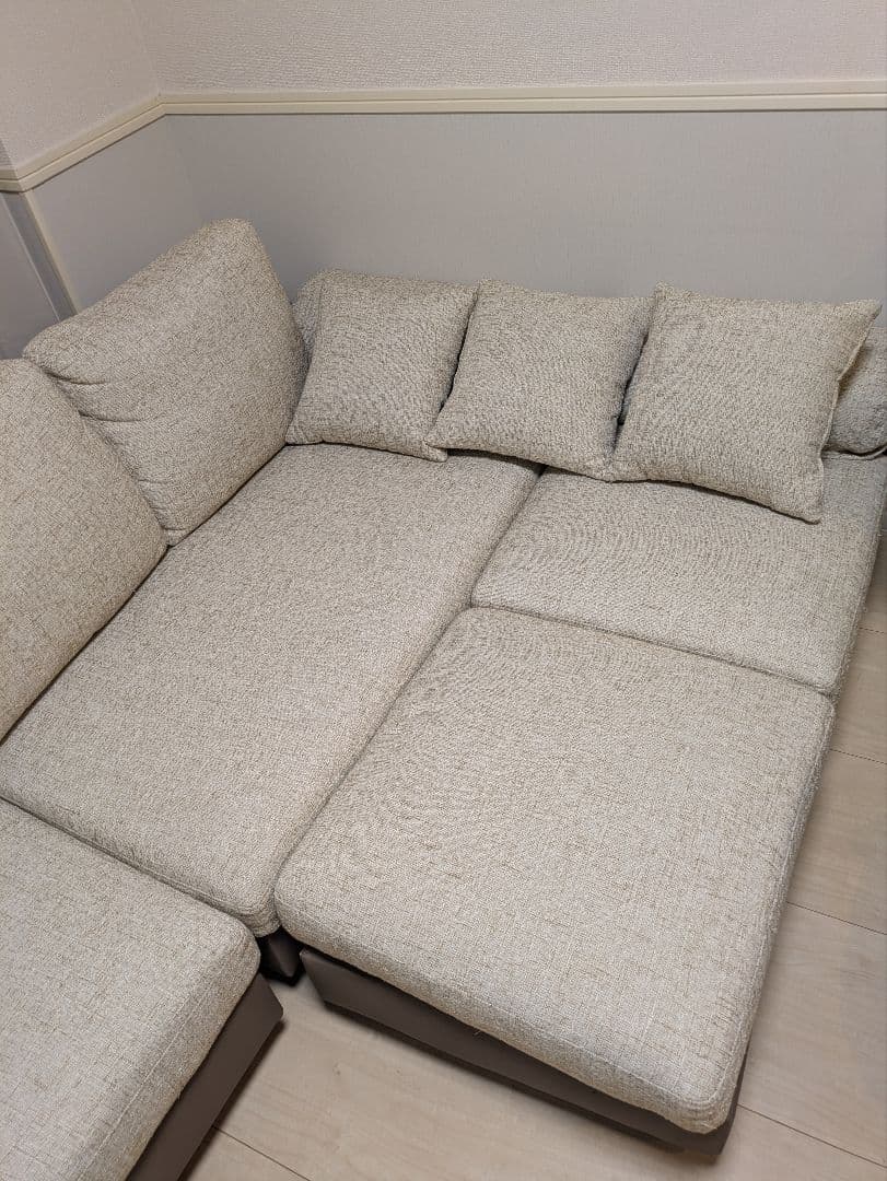 かいぺり カウチソファ L字 ベージュファブリック ×レザー