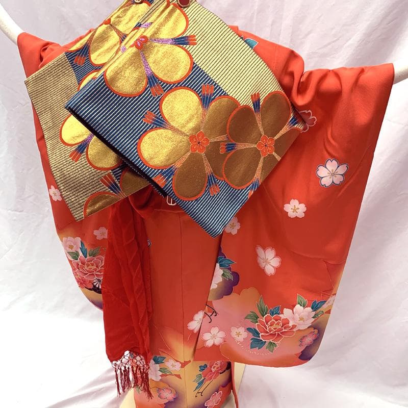 508ag23□七五三 七歳 女児 着物&袋帯&長襦袢 金彩 花車□美品