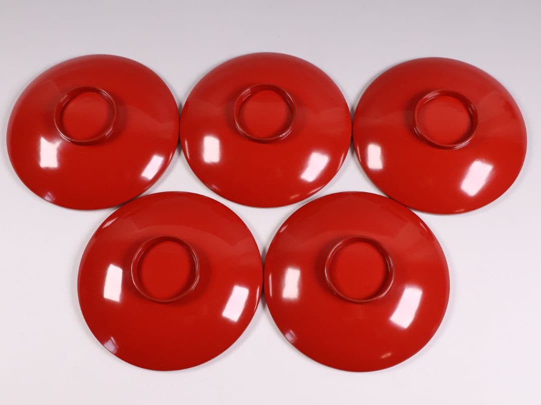 【CM372】時代木製漆器 光琳写 金蒔絵 群鶴図 朱塗 引盃 五客 小皿 杯