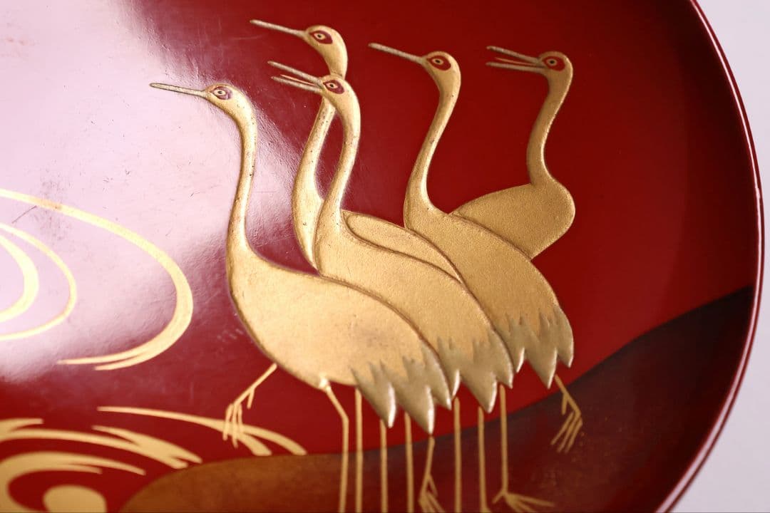 【CM372】時代木製漆器 光琳写 金蒔絵 群鶴図 朱塗 引盃 五客 小皿 杯