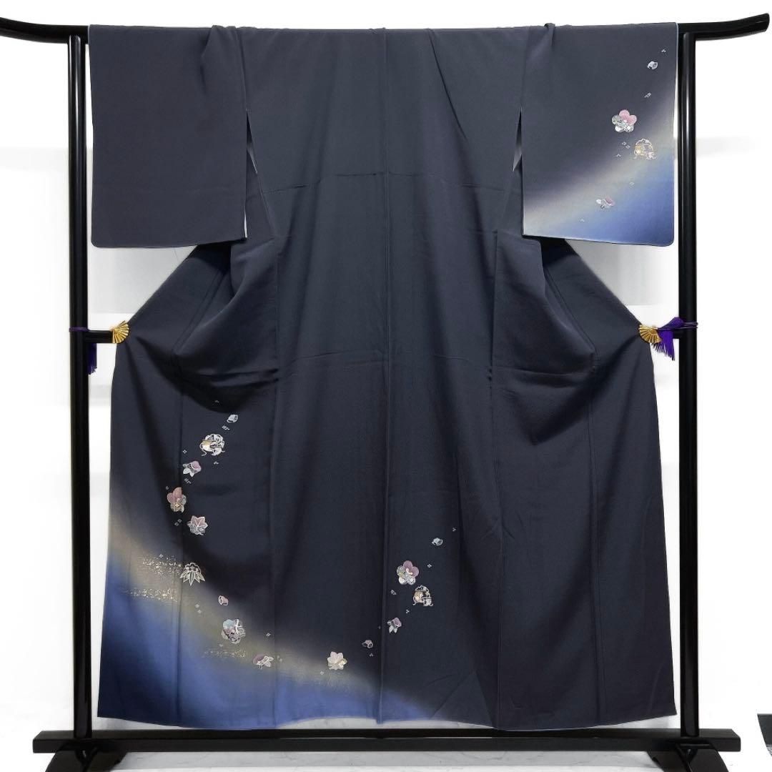 付け下げ　金駒刺繍　金彩　松竹梅　雪輪　桜　ネイビー　着物　121a d