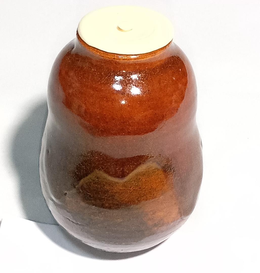 茶道具　大樋焼茶入　大樋定子作　大樋焼飴釉瓢型茶入　宗薫緞子仕覆　美品！！