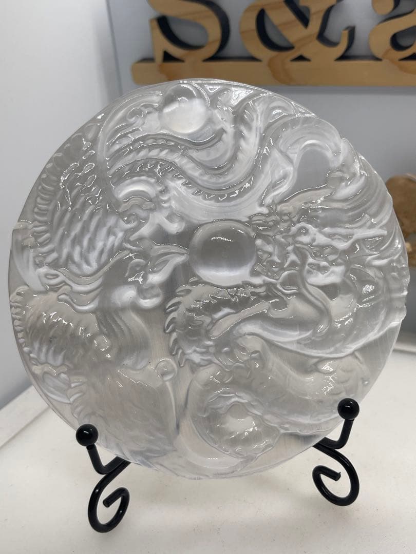 MH様【3087】 ドラゴン&鳳凰彫り プレート　セレナイト