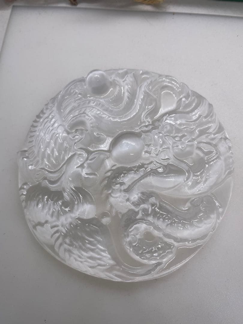 MH様【3087】 ドラゴン&鳳凰彫り プレート　セレナイト