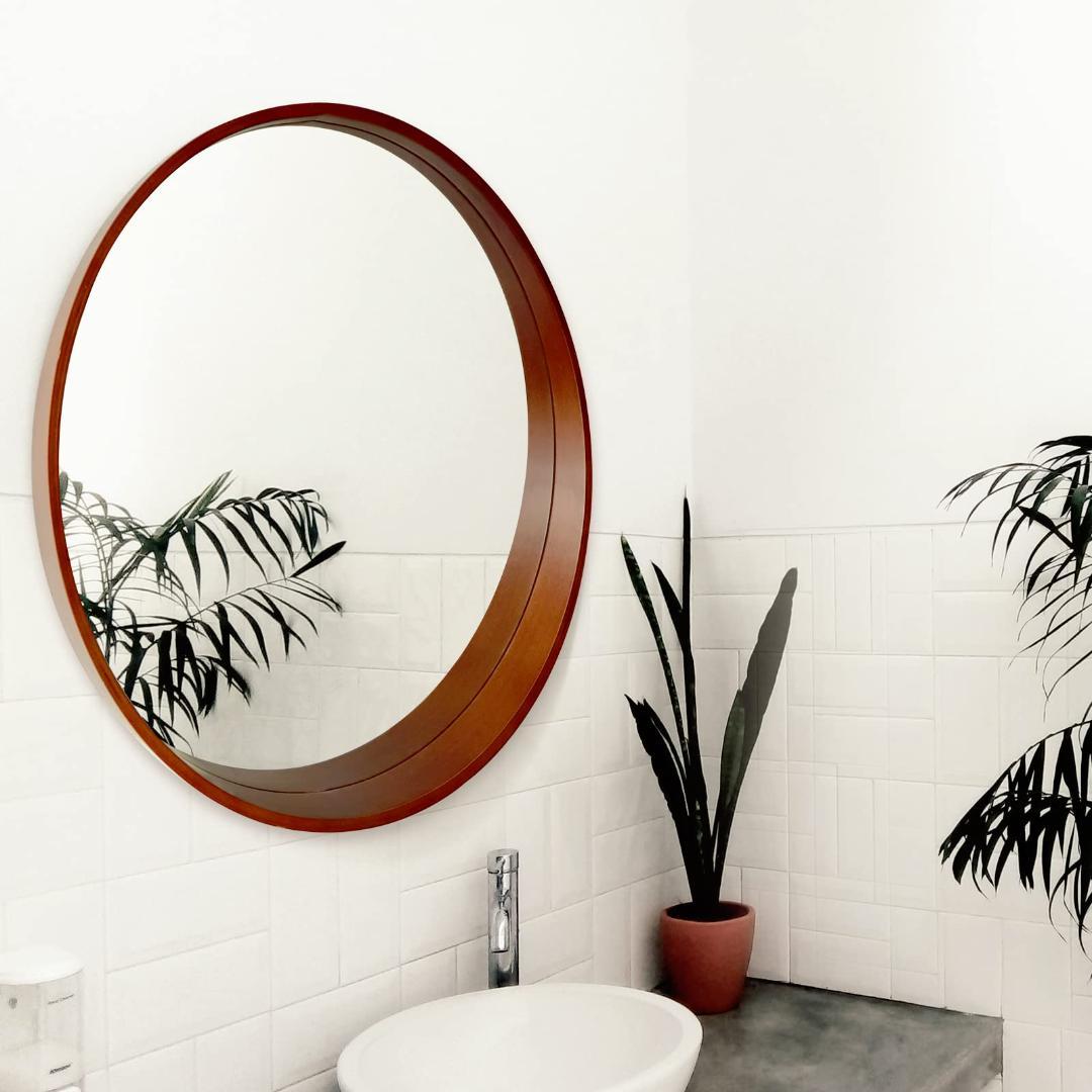 洗面所 天然木フレーム 壁掛けミラー 玄関 丸型ミラー