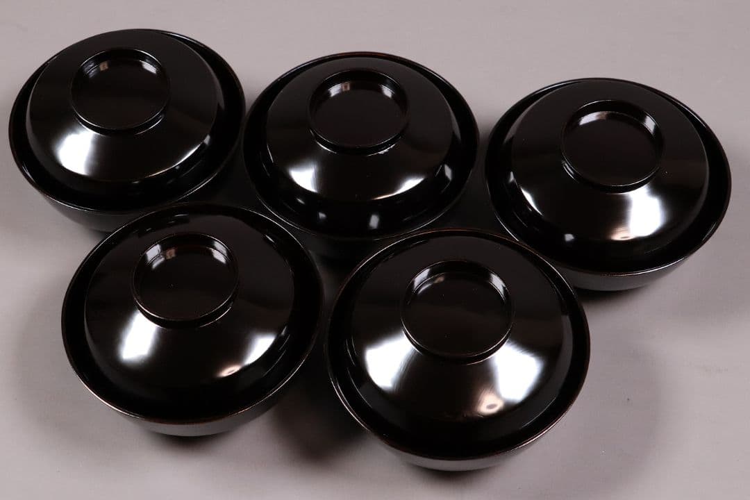 時代木製漆器 桜紅葉 黒蒔絵椀 五客 金蒔絵 梨地 漆芸【CL61】