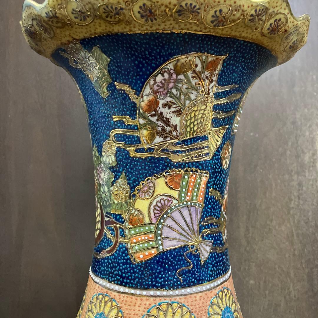 骨董品 中国美術 花鳥風月 豪華絢爛 大型 特大 薩摩焼 花瓶 金襴手 武者絵